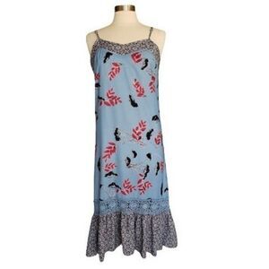Women's Plus Dress 1X Blue Sleeveless Maxi Lace Back Drapped Ruffle Resort Beach